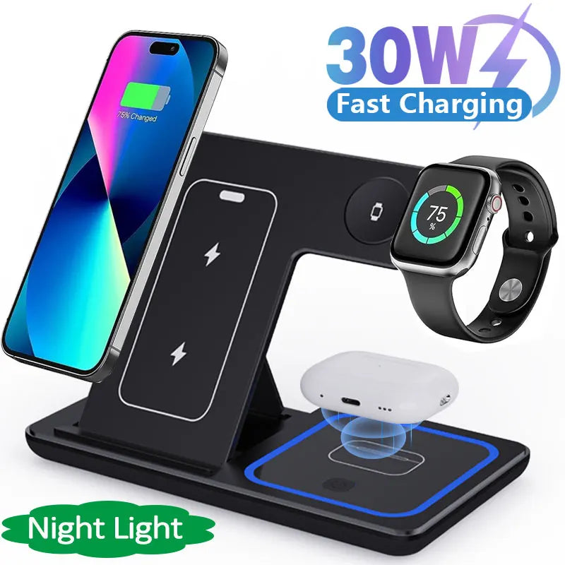  Fast Wireless Charger Stand 3 in 1 Foldable Charging Station 30W for Iphone &Apple Watch & Airpods Pro